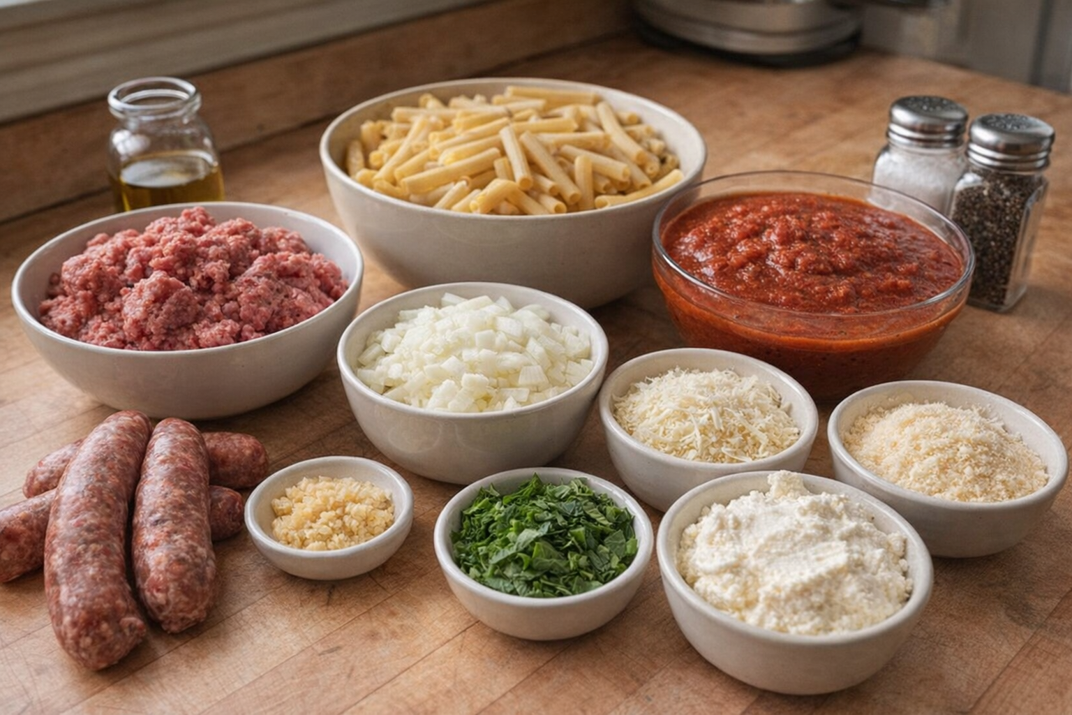A medium shot of all the ingredients laid out on a wooden countertop: uncooked ziti, ground beef, Italian sausage, diced onion, minced garlic, marinara sauce, ricotta cheese, mozzarella cheese, parmesan cheese, fresh basil, olive oil, salt, and pepper